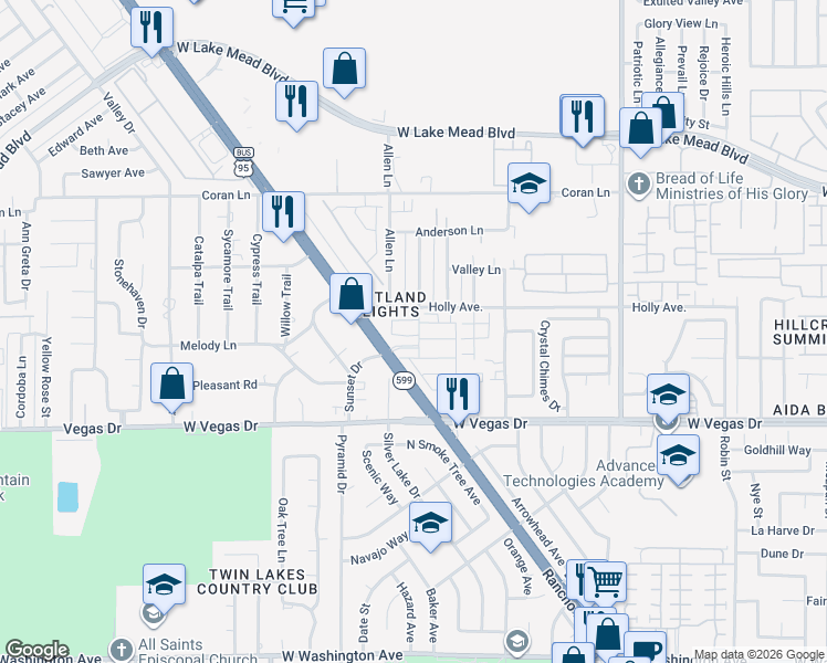map of restaurants, bars, coffee shops, grocery stores, and more near 1800 Cindysue Street in Las Vegas