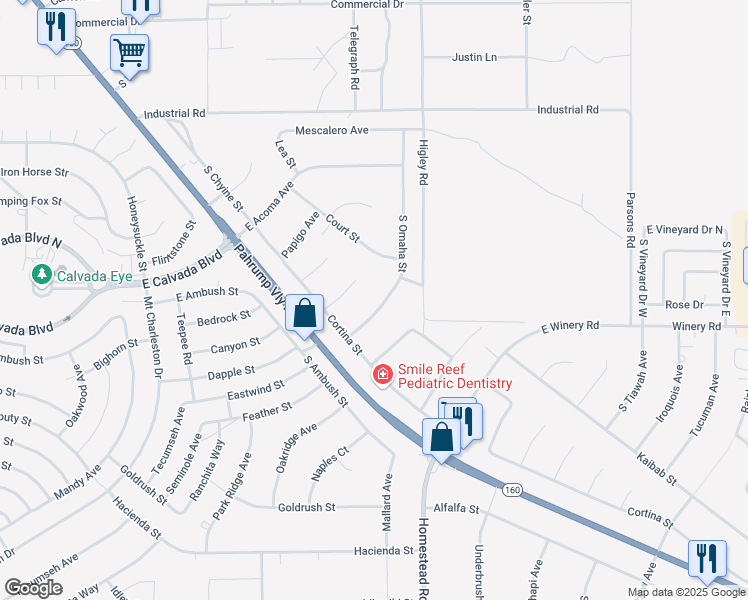 map of restaurants, bars, coffee shops, grocery stores, and more near 1950 South Omaha Avenue in Pahrump