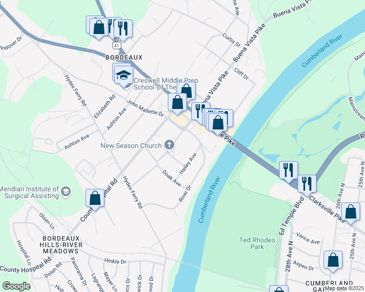 map of restaurants, bars, coffee shops, grocery stores, and more near 1910 South Hamilton Road in Nashville
