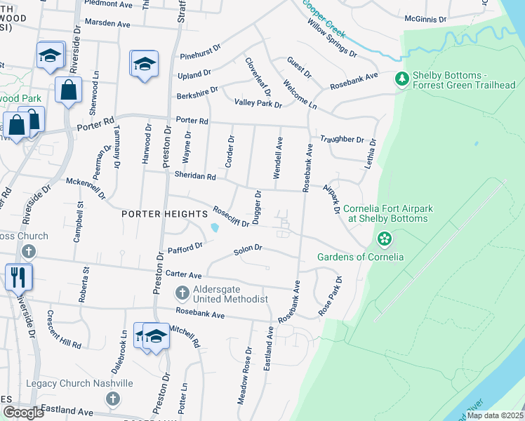 map of restaurants, bars, coffee shops, grocery stores, and more near 1419 Dugger Drive in Nashville
