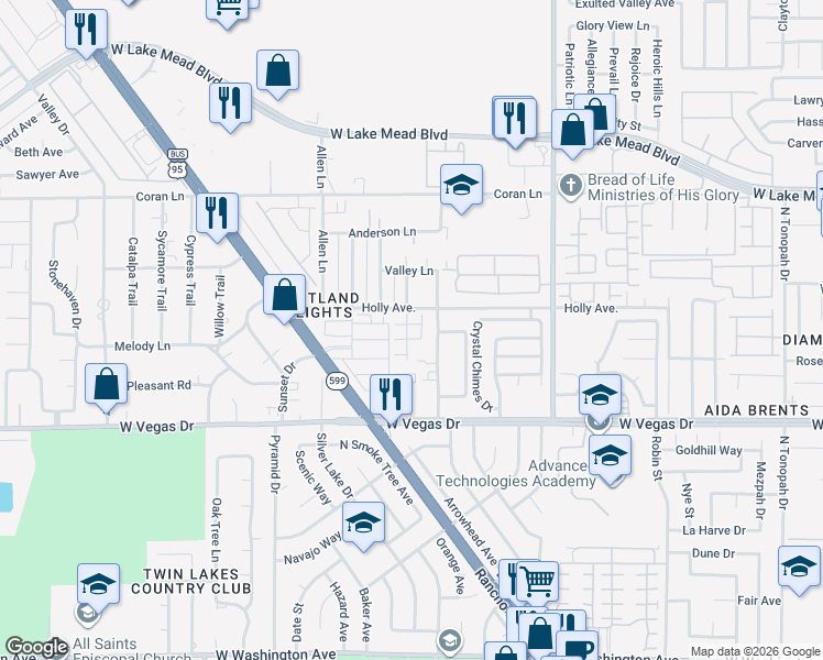 map of restaurants, bars, coffee shops, grocery stores, and more near 3419 Holly Avenue in Las Vegas