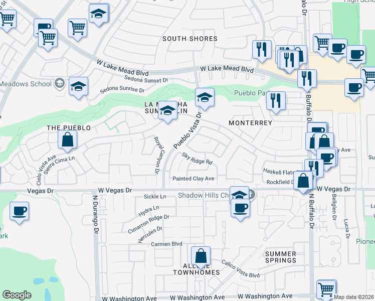 map of restaurants, bars, coffee shops, grocery stores, and more near 1911 Pueblo Vista Drive in Las Vegas