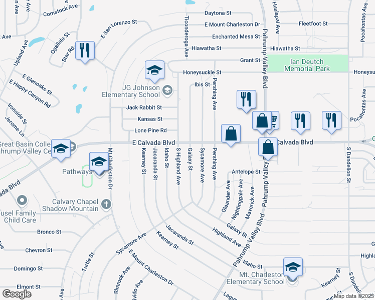 map of restaurants, bars, coffee shops, grocery stores, and more near 1030 East Calvada Boulevard in Pahrump