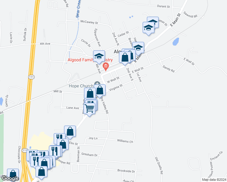 map of restaurants, bars, coffee shops, grocery stores, and more near 175 Virginia Street in Cookeville