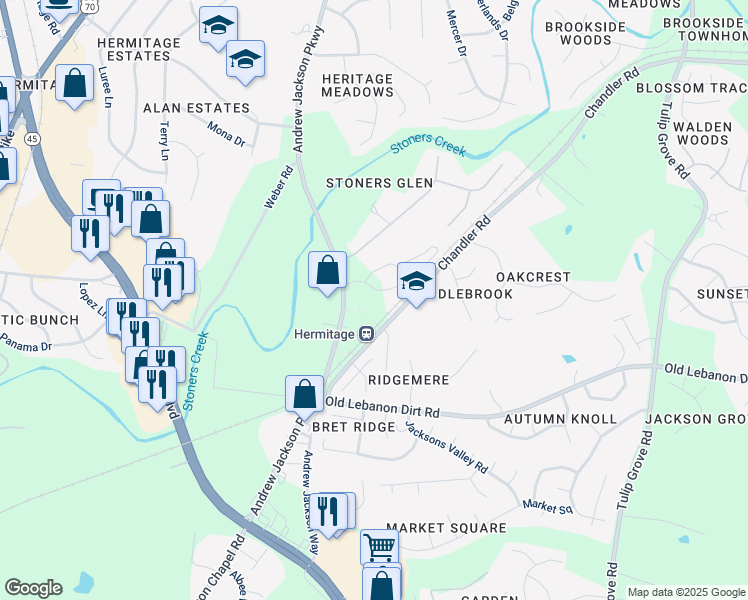 map of restaurants, bars, coffee shops, grocery stores, and more near 4125 Andrew Jackson Parkway in Nashville