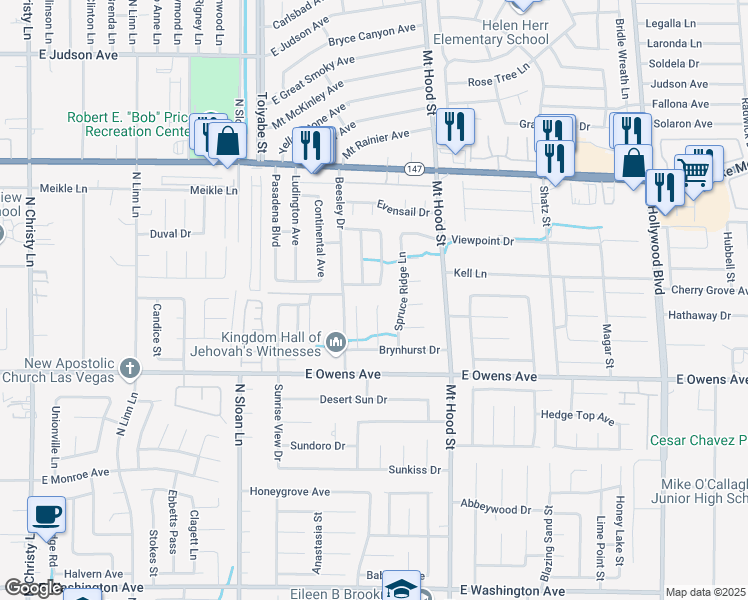 map of restaurants, bars, coffee shops, grocery stores, and more near 1743 Eddingham Court in Las Vegas