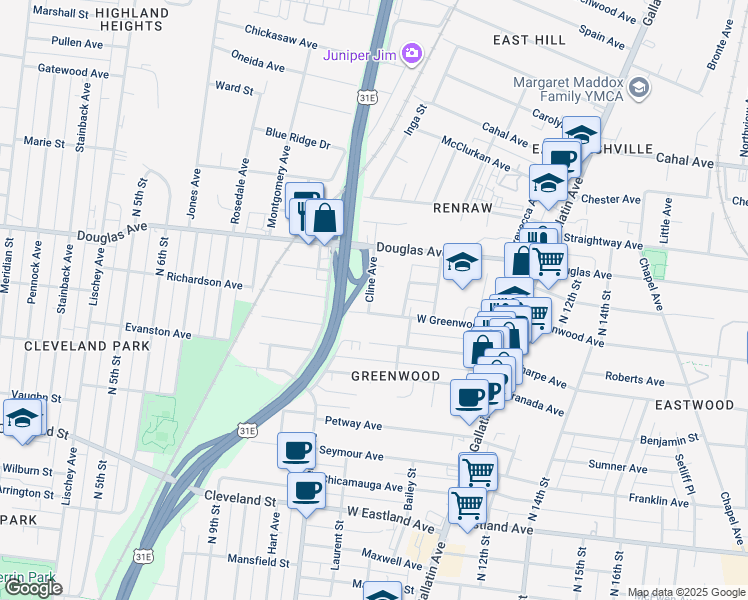 map of restaurants, bars, coffee shops, grocery stores, and more near 1201 Cline Avenue in Nashville
