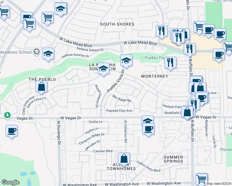 map of restaurants, bars, coffee shops, grocery stores, and more near 8041 Pottery Creek Drive in Las Vegas