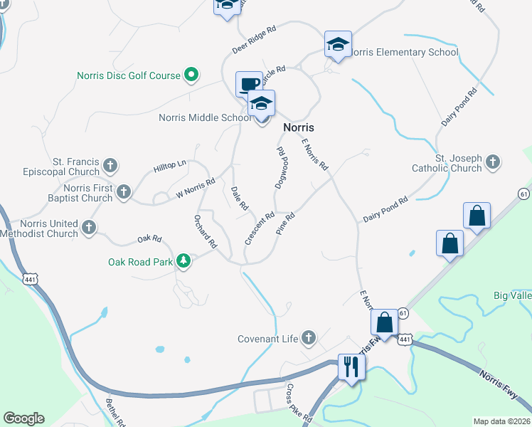 map of restaurants, bars, coffee shops, grocery stores, and more near 111 Dale Road in Norris