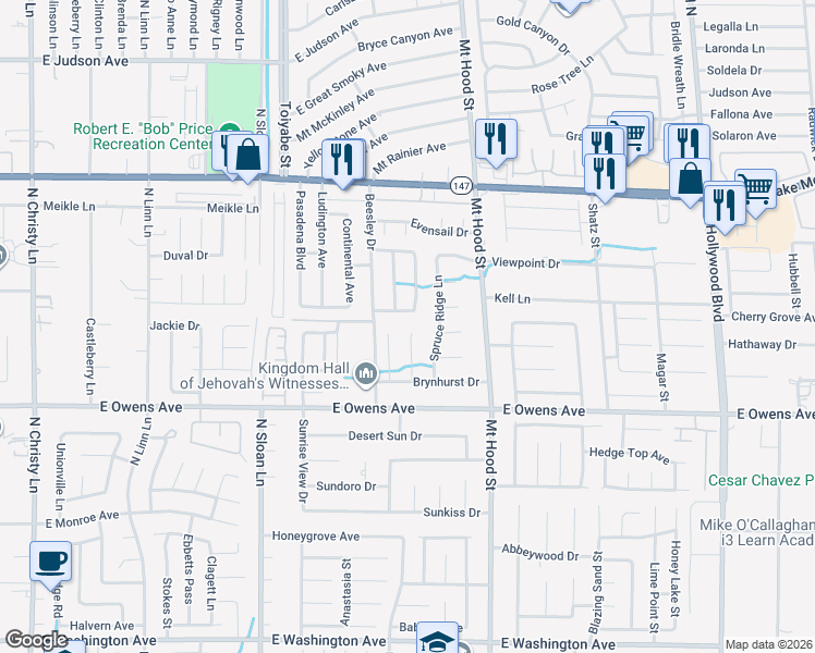 map of restaurants, bars, coffee shops, grocery stores, and more near 1743 Eddingham Court in Las Vegas