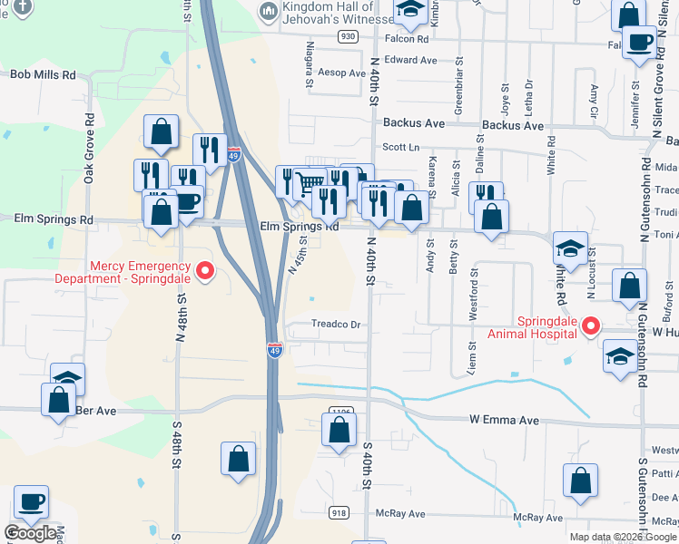 map of restaurants, bars, coffee shops, grocery stores, and more near 784 N 40th St in Springdale