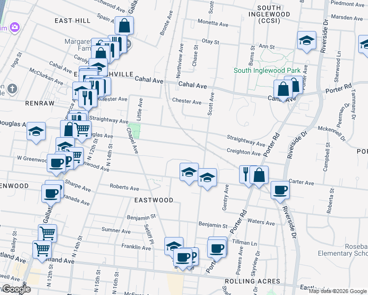 map of restaurants, bars, coffee shops, grocery stores, and more near 1611 Douglas Avenue in Nashville