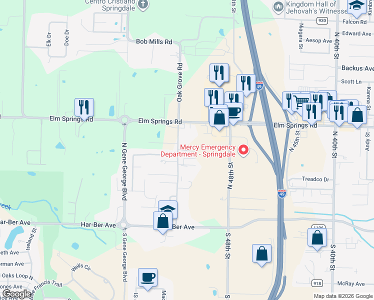 map of restaurants, bars, coffee shops, grocery stores, and more near 695 Oak Grove Road in Springdale