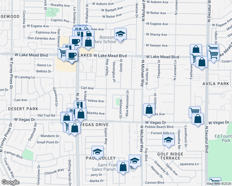 map of restaurants, bars, coffee shops, grocery stores, and more near 5708 West Pine Cone Place in Las Vegas