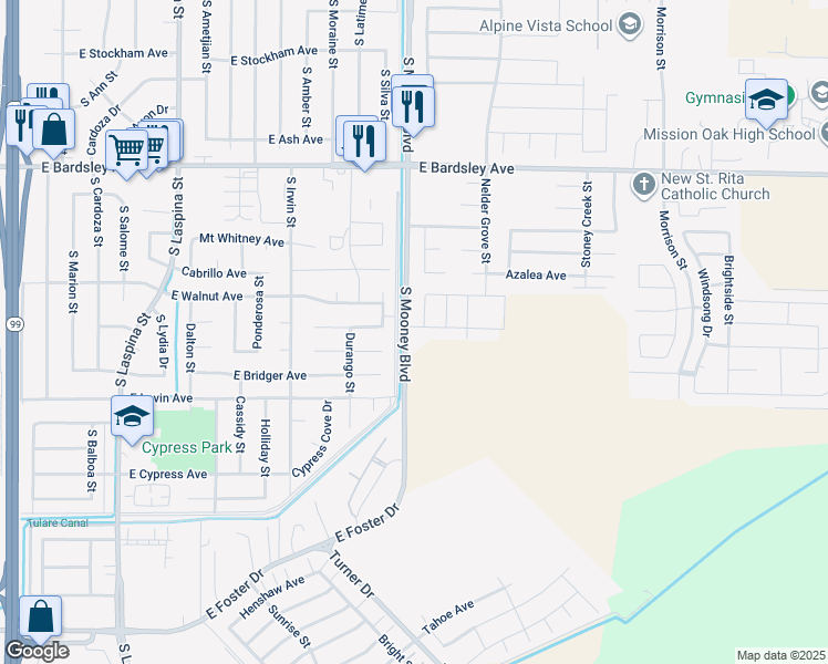 map of restaurants, bars, coffee shops, grocery stores, and more near 1468 South Mooney Boulevard in Tulare