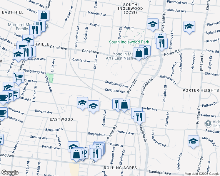 map of restaurants, bars, coffee shops, grocery stores, and more near 2028 Straightway Avenue in Nashville