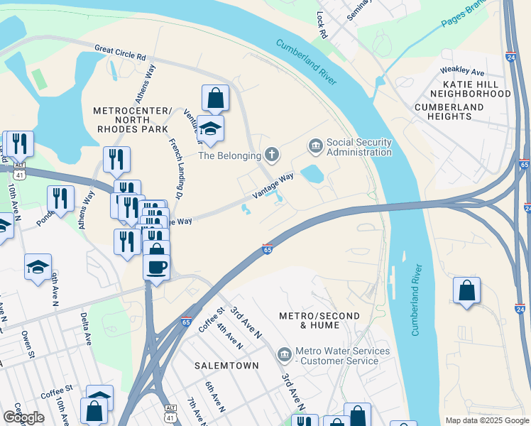map of restaurants, bars, coffee shops, grocery stores, and more near 9 Vantage Way in Nashville