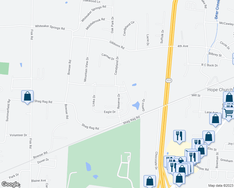 map of restaurants, bars, coffee shops, grocery stores, and more near 2022 Reserve Drive in Cookeville