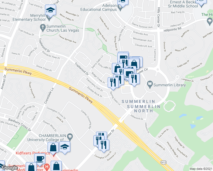 map of restaurants, bars, coffee shops, grocery stores, and more near 9705 Ridge Creek Place in Las Vegas