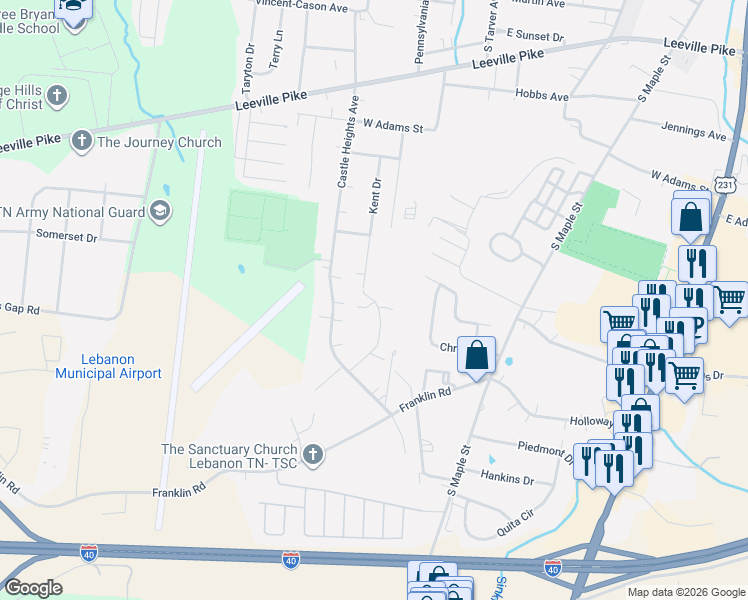 map of restaurants, bars, coffee shops, grocery stores, and more near 422 Castlewood Lane in Lebanon
