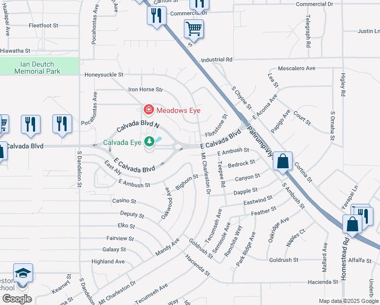 map of restaurants, bars, coffee shops, grocery stores, and more near 2321 East Calvada Boulevard in Pahrump