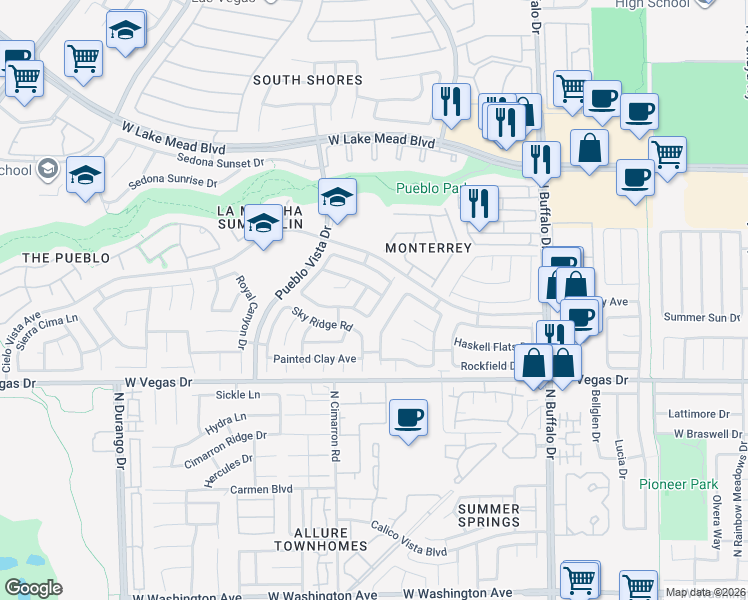 map of restaurants, bars, coffee shops, grocery stores, and more near 1721 Matador Way in Las Vegas