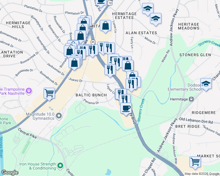 map of restaurants, bars, coffee shops, grocery stores, and more near 224 Juarez Drive in Nashville