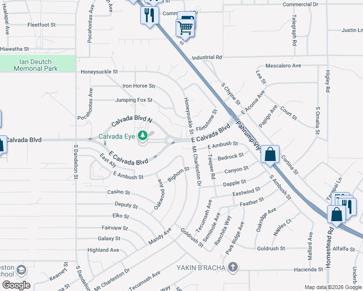 map of restaurants, bars, coffee shops, grocery stores, and more near 2321 East Calvada Boulevard in Pahrump