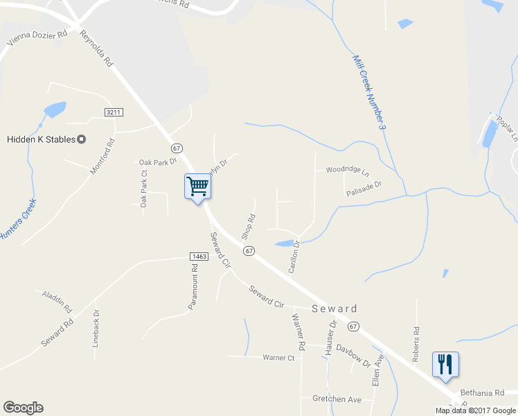 map of restaurants, bars, coffee shops, grocery stores, and more near 7053 Shop Road in Pfafftown