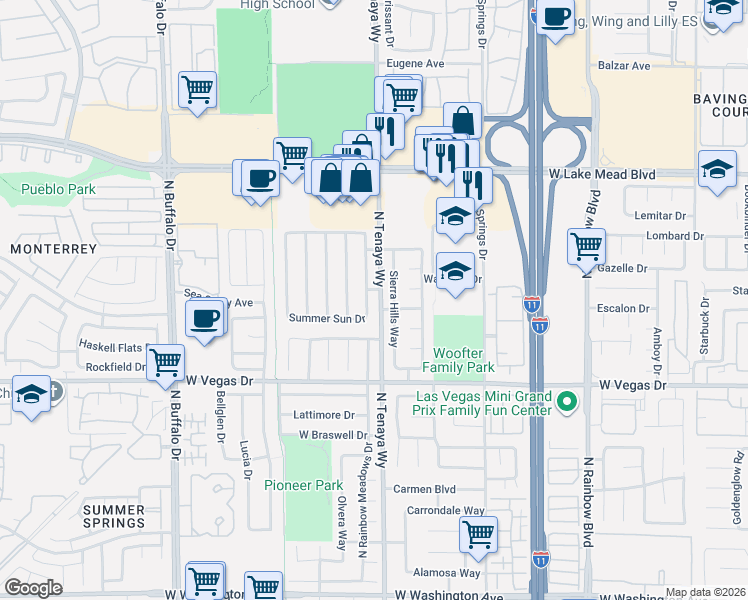 map of restaurants, bars, coffee shops, grocery stores, and more near 1825 Sierra Hills Way in Las Vegas