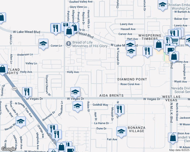 map of restaurants, bars, coffee shops, grocery stores, and more near 1901 Manhattan Drive in Las Vegas