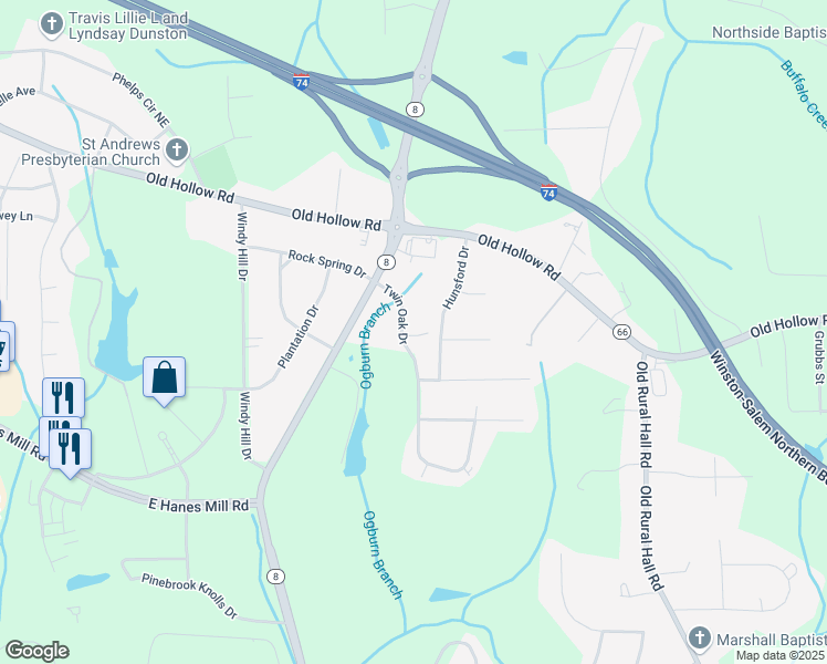 map of restaurants, bars, coffee shops, grocery stores, and more near 1137 Twin Oak Drive in Winston-Salem