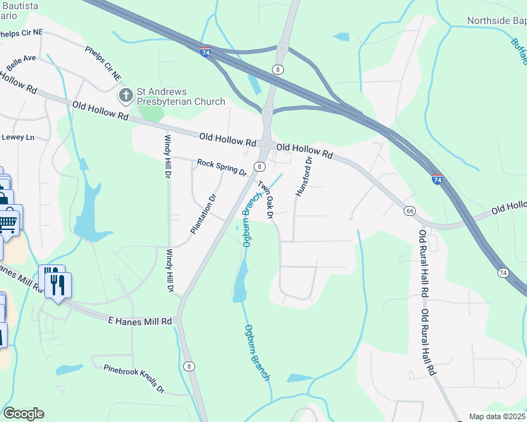 map of restaurants, bars, coffee shops, grocery stores, and more near 1138 Twin Oak Drive in Winston-Salem