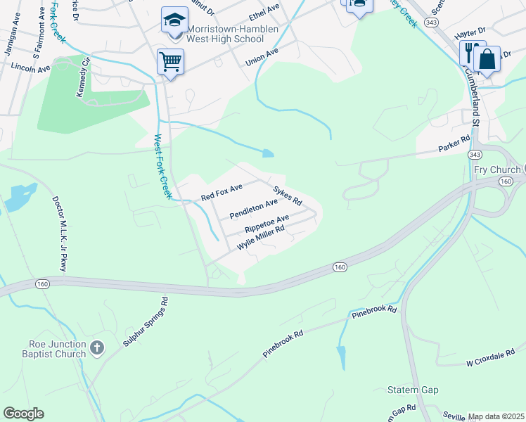 map of restaurants, bars, coffee shops, grocery stores, and more near 693 Pendleton Avenue in Morristown