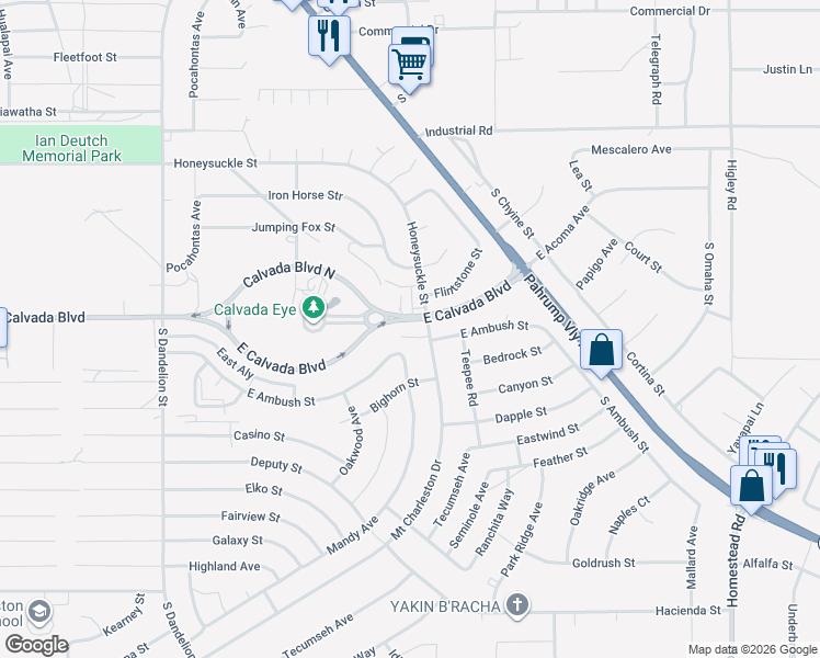 map of restaurants, bars, coffee shops, grocery stores, and more near 2320 East Calvada Boulevard in Pahrump