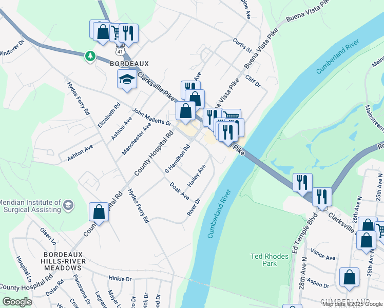 map of restaurants, bars, coffee shops, grocery stores, and more near 1910 South Hamilton Road in Nashville