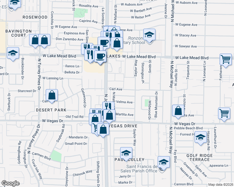 map of restaurants, bars, coffee shops, grocery stores, and more near 5927 Carl Avenue in Las Vegas