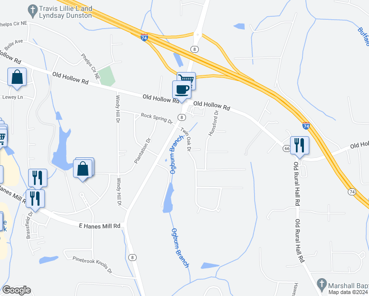 map of restaurants, bars, coffee shops, grocery stores, and more near 1138 Twin Oak Drive in Winston-Salem