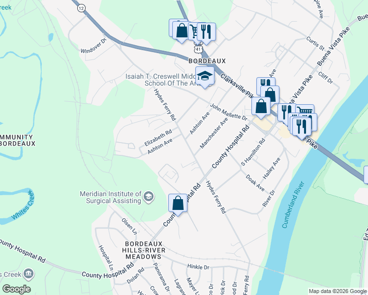 map of restaurants, bars, coffee shops, grocery stores, and more near 3415 Hydes Ferry Road in Nashville