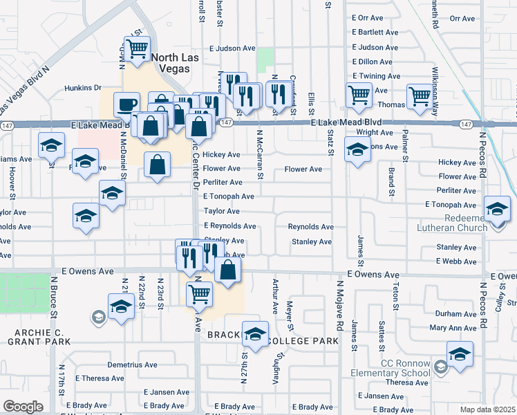 map of restaurants, bars, coffee shops, grocery stores, and more near 2621 East Tonopah Avenue in North Las Vegas