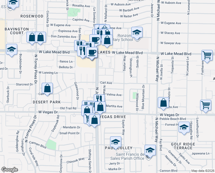 map of restaurants, bars, coffee shops, grocery stores, and more near 5927 Carl Avenue in Las Vegas