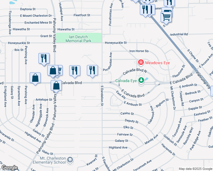map of restaurants, bars, coffee shops, grocery stores, and more near 1801 East Calvada Boulevard in Pahrump