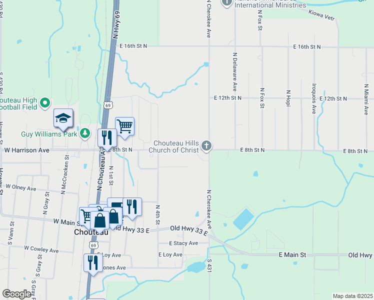 map of restaurants, bars, coffee shops, grocery stores, and more near 490 East 8th Street North in Chouteau