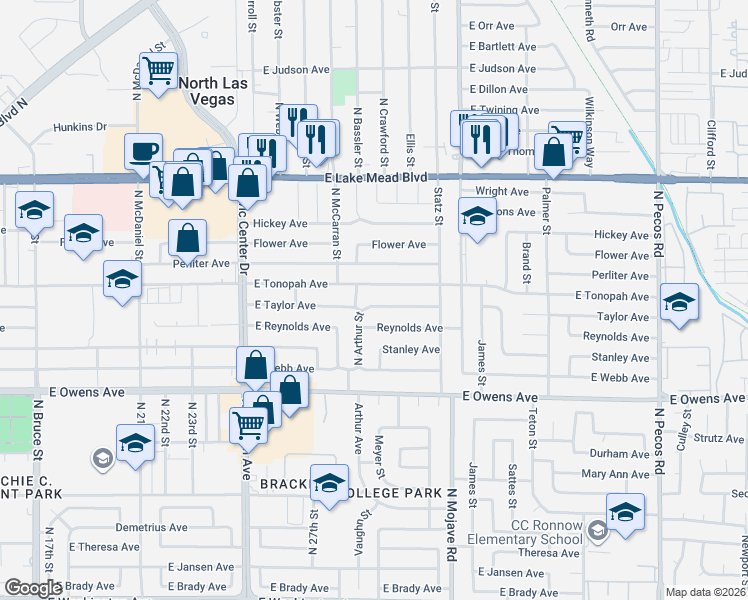 map of restaurants, bars, coffee shops, grocery stores, and more near 2730 East Taylor Avenue in North Las Vegas