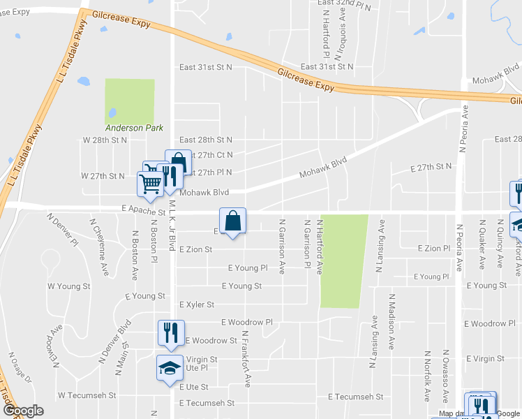 map of restaurants, bars, coffee shops, grocery stores, and more near 523 East 26th Place North in Tulsa