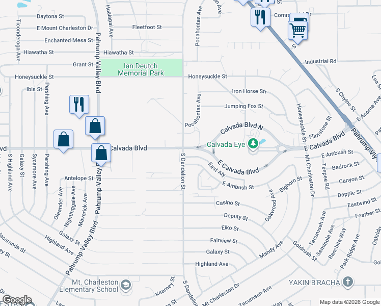 map of restaurants, bars, coffee shops, grocery stores, and more near 1821 East Calvada Boulevard in Pahrump