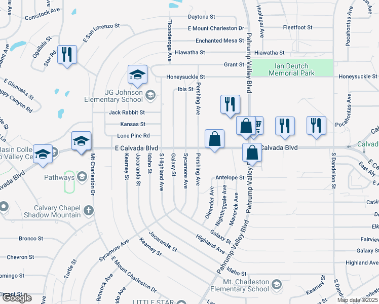 map of restaurants, bars, coffee shops, grocery stores, and more near 1083 East Calvada Boulevard in Pahrump