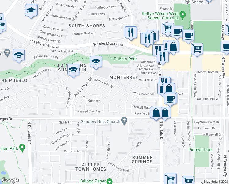 map of restaurants, bars, coffee shops, grocery stores, and more near 1745 Mexican Poppy Street in Las Vegas