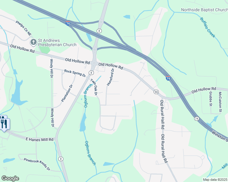 map of restaurants, bars, coffee shops, grocery stores, and more near 1217 Vanclair Drive in Winston-Salem