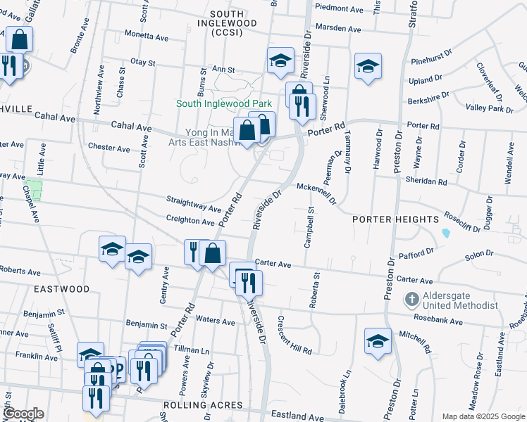 map of restaurants, bars, coffee shops, grocery stores, and more near 1415C Riverside Drive in Nashville